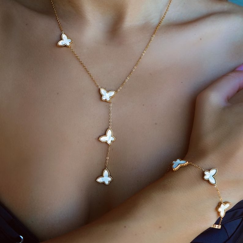 18K Gold Plated Butterfly Necklace Bracelet Set