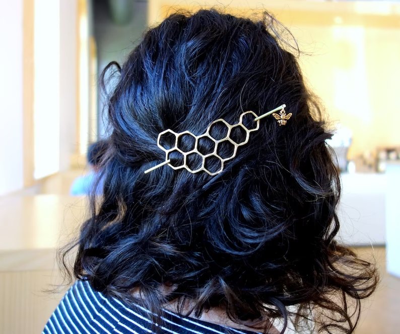 Large Brass Honeycomb Handmade Hair Bun Slide Pin with Dangling Bee