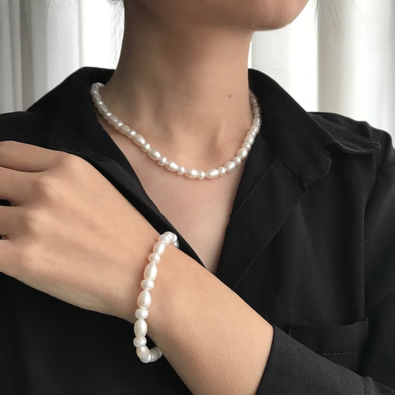 Rice Pearl Necklace Set, Necklace and Bracelet