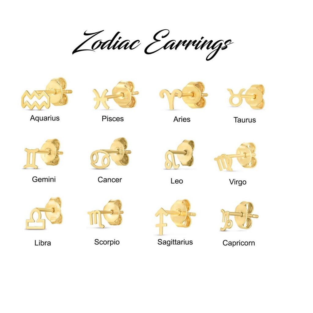 14k Solid Gold Zodiac Stud Earrings