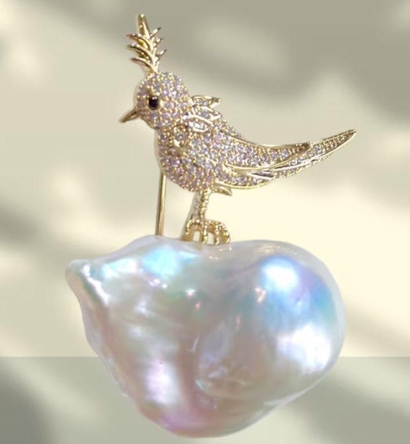 exquisite gold baroque pearl bird brooch